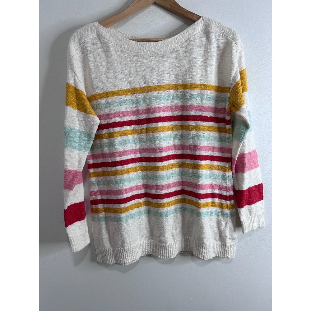 Talbots Rainbow Stripe Cotton Sweater Womens L Pet Coastal Beach Luxury Knit